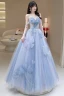 Charming Sky Blue Pearl Butterfly Appliques Prom Dresses 2024 A-Line / Princess Strapless Sleeveless Backless Floor-Length / Long Prom Formal Dresses