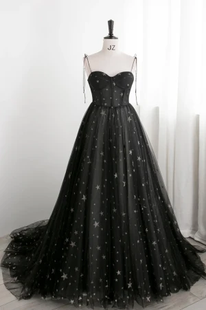 Mode Noire Étoile Paillettes Robe De Bal 2024 Princesse Bretelles Spaghetti Sans Manches Dos Nu Longue Robe De Ceremonie