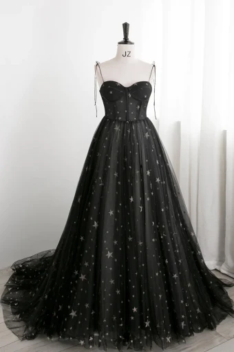 Mode Noire Étoile Paillettes Robe De Bal 2024 Princesse Bretelles Spaghetti Sans Manches Dos Nu Longue Robe De Ceremonie
