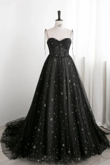 Mode Noire Étoile Paillettes Robe De Bal 2024 Princesse Bretelles Spaghetti Sans Manches Dos Nu Longue Robe De Ceremonie