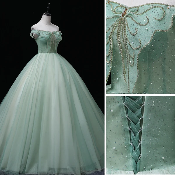 Elegant Sage Green Sequins Prom Dresses 2022 Ball Gown Off-The-Shoulder Sleeveless Rhinestone Butterfly Beading Backless Pearl Floor-Length / Long Formal Dresses