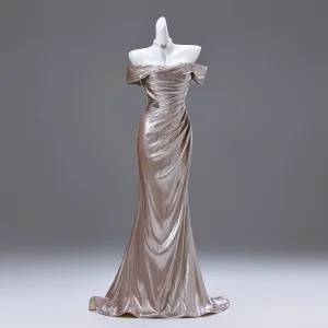 Sexy Gold Rhinestone Evening Dresses 2025 Trumpet Mermaid Off The Shoulder Short Sleeve Backless Sweep Train Evening Party Formal Dresses