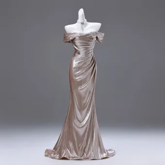 Sexy Gold Rhinestone Evening Dresses 2025 Trumpet Mermaid Off The Shoulder Short Sleeve Backless Sweep Train Evening Party Formal Dresses