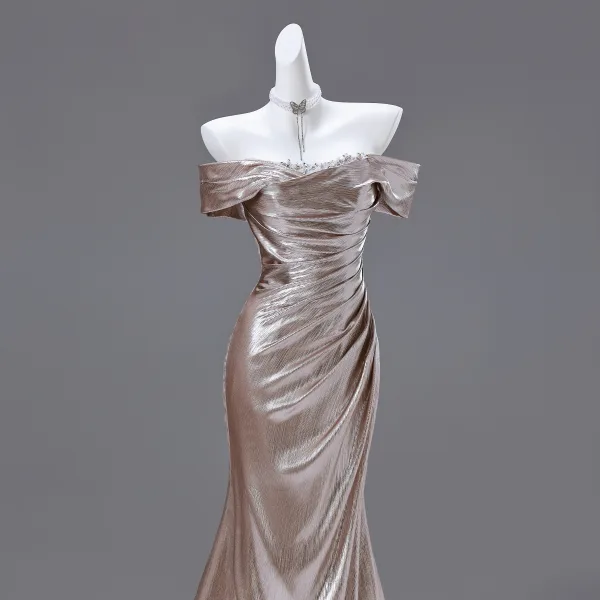 Sexy Gold Rhinestone Evening Dresses 2025 Trumpet / Mermaid Off-The-Shoulder Short Sleeve Backless Sweep Train Evening Party Formal Dresses
