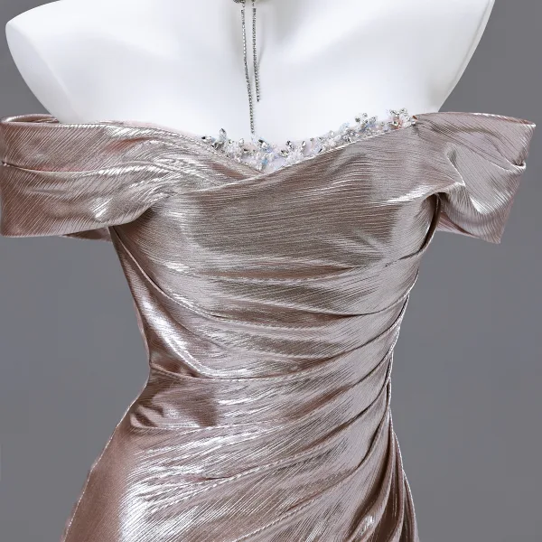 Sexy Gold Rhinestone Evening Dresses 2025 Trumpet / Mermaid Off-The-Shoulder Short Sleeve Backless Sweep Train Evening Party Formal Dresses
