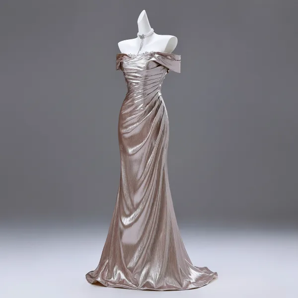 Sexy Gold Rhinestone Evening Dresses 2025 Trumpet / Mermaid Off-The-Shoulder Short Sleeve Backless Sweep Train Evening Party Formal Dresses