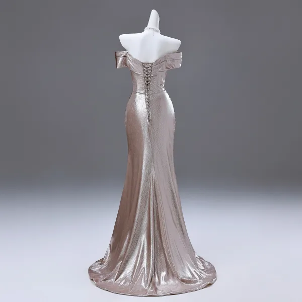 Sexy Gold Rhinestone Evening Dresses 2025 Trumpet / Mermaid Off-The-Shoulder Short Sleeve Backless Sweep Train Evening Party Formal Dresses
