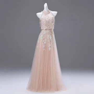 Blomsterfe Rødmende Rosa Beading Perle Blonder Blomst Ballkjoler 2025 Prinsesse Høy Hals Uten Ermer Ryggløse Lange Ball Formelle Kjoler