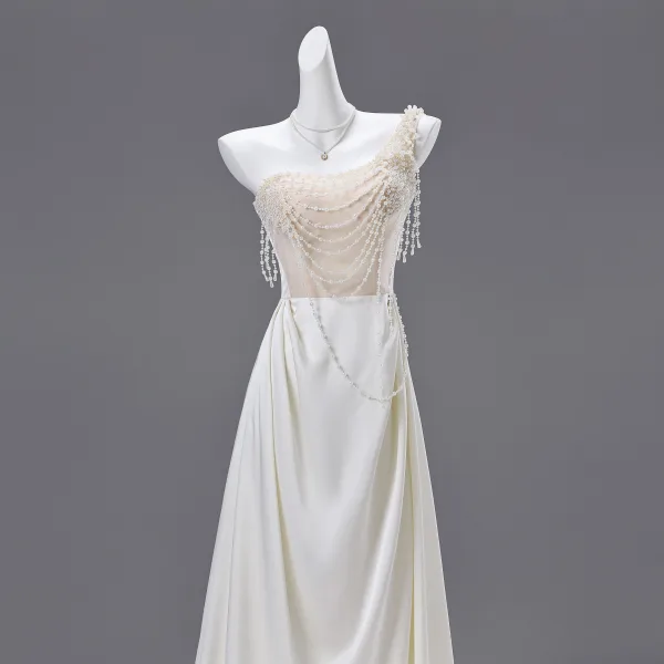 Charming Ivory Pearl Prom Dresses 2025 A-Line / Princess One-Shoulder Sleeveless Backless Floor-Length / Long Prom Formal Dresses