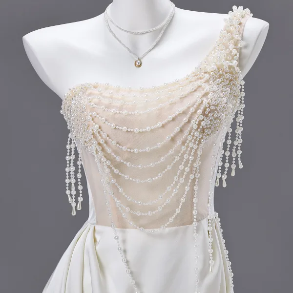 Charming Ivory Pearl Prom Dresses 2025 A-Line / Princess One-Shoulder Sleeveless Backless Floor-Length / Long Prom Formal Dresses