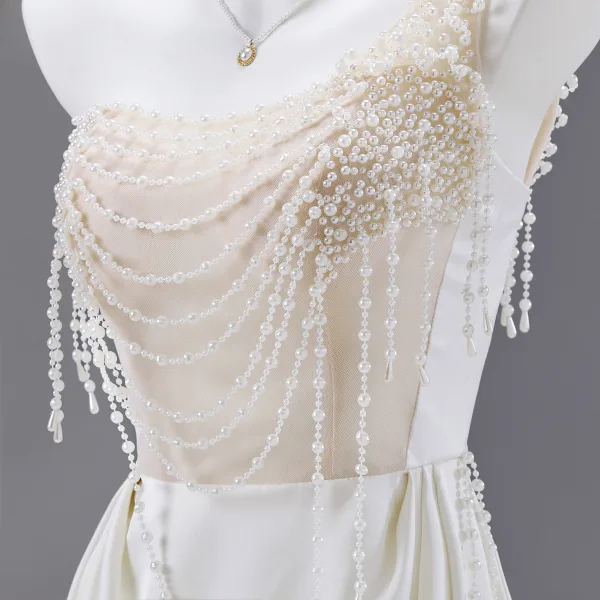 Charming Ivory Pearl Prom Dresses 2025 A-Line / Princess One-Shoulder Sleeveless Backless Floor-Length / Long Prom Formal Dresses