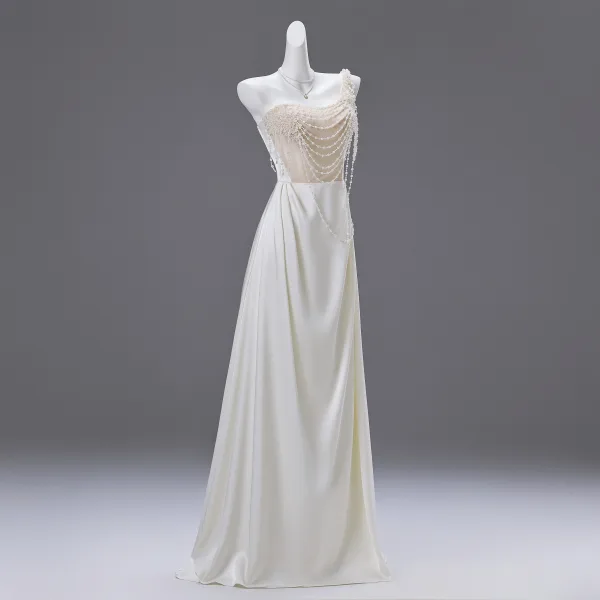 Charming Ivory Pearl Prom Dresses 2025 A-Line / Princess One-Shoulder Sleeveless Backless Floor-Length / Long Prom Formal Dresses