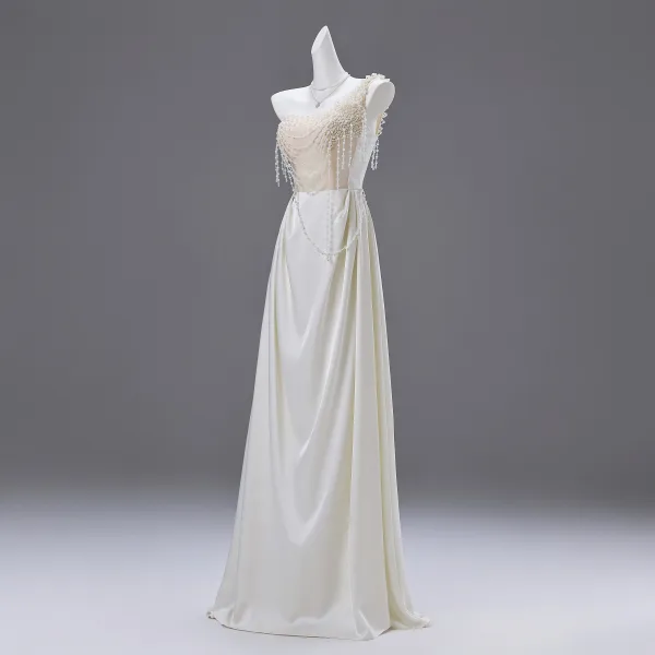 Charming Ivory Pearl Prom Dresses 2025 A-Line / Princess One-Shoulder Sleeveless Backless Floor-Length / Long Prom Formal Dresses