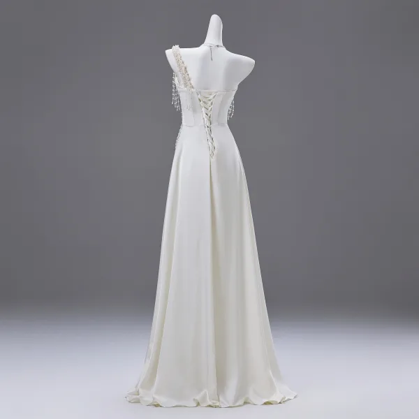 Charming Ivory Pearl Prom Dresses 2025 A-Line / Princess One-Shoulder Sleeveless Backless Floor-Length / Long Prom Formal Dresses