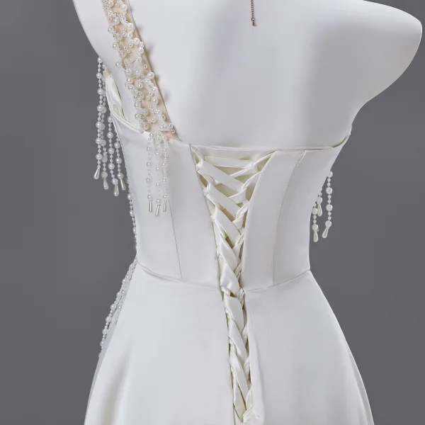 Charming Ivory Pearl Prom Dresses 2025 A-Line / Princess One-Shoulder Sleeveless Backless Floor-Length / Long Prom Formal Dresses