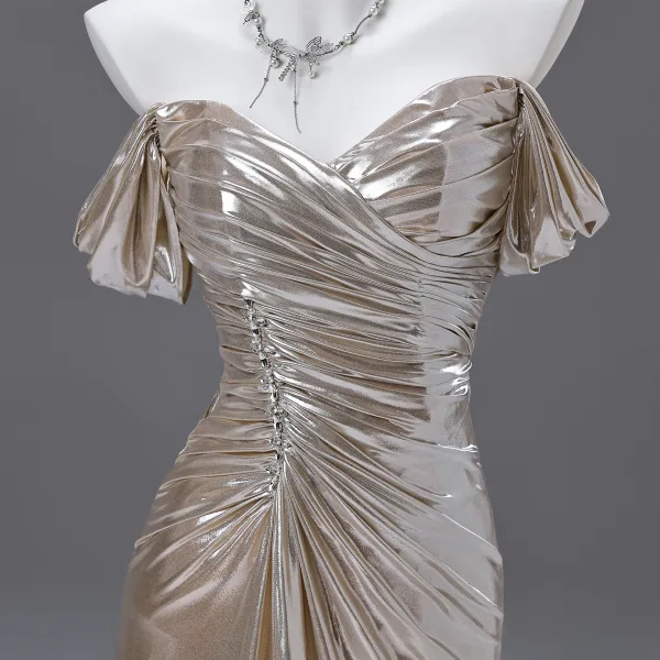 Unusual Gold Evening Dresses 2025 Trumpet / Mermaid Off-The-Shoulder Short Sleeve Backless Sweep Train Evening Party Formal Dresses