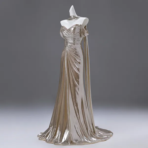 Unusual Gold Evening Dresses 2025 Trumpet / Mermaid Off-The-Shoulder Short Sleeve Backless Sweep Train Evening Party Formal Dresses