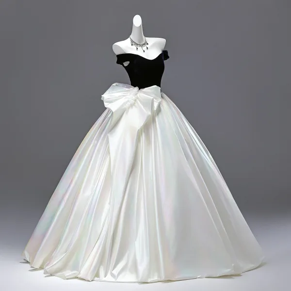 Demure Navy Blue Bow Prom Dresses 2025 Ball Gown Strapless Sleeveless Backless Floor-Length / Long Prom Formal Dresses