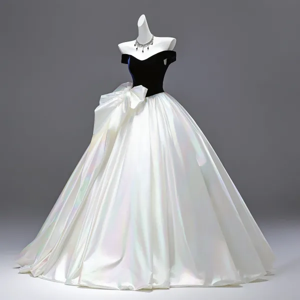 Demure Navy Blue Bow Prom Dresses 2025 Ball Gown Strapless Sleeveless Backless Floor-Length / Long Prom Formal Dresses