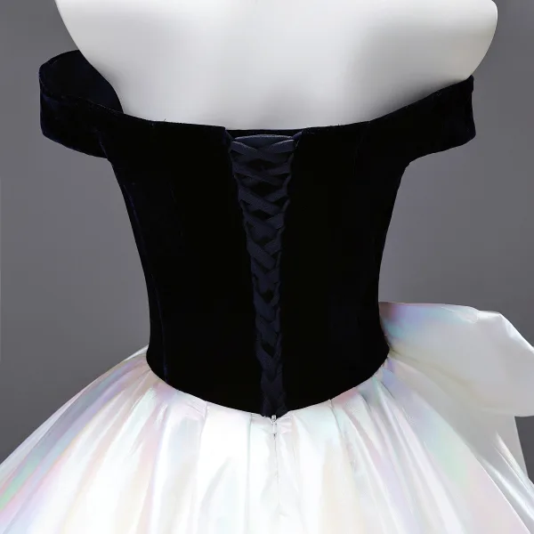 Demure Navy Blue Bow Prom Dresses 2025 Ball Gown Strapless Sleeveless Backless Floor-Length / Long Prom Formal Dresses