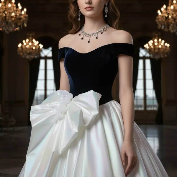 Demure Navy Blue Bow Prom Dresses 2025 Ball Gown Strapless Sleeveless Backless Floor-Length / Long Prom Formal Dresses