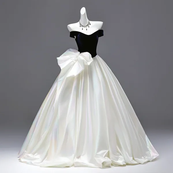 Demure Navy Blue Bow Prom Dresses 2025 Ball Gown Strapless Sleeveless Backless Floor-Length / Long Prom Formal Dresses