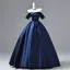 Vintage / Retro Navy Blue Satin Prom Dresses 2026 Ball Gown Off-The-Shoulder Short Sleeve Backless Floor-Length / Long Formal Dresses