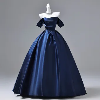 Vintage Retro Navy Blue Satin Prom Dresses 2026 Ball Gown Off The Shoulder Short Sleeve Backless Floor Length Long Formal Dresses