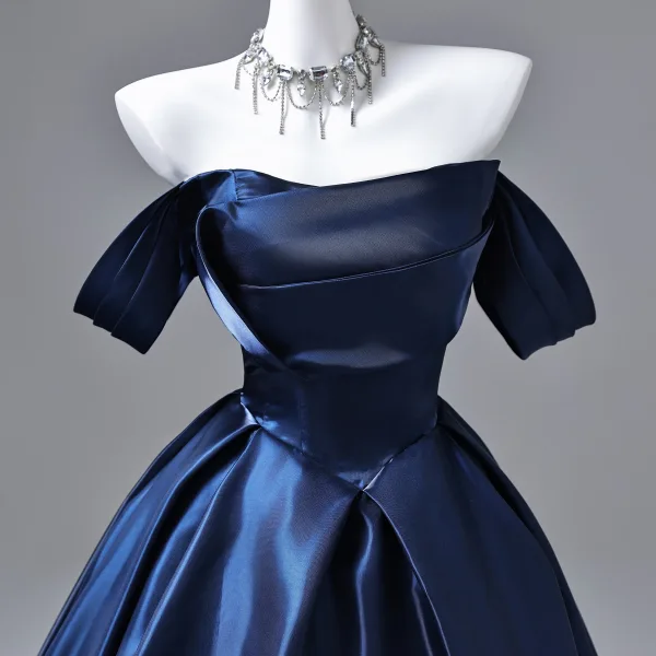 Vintage / Retro Navy Blue Satin Prom Dresses 2026 Ball Gown Off-The-Shoulder Short Sleeve Backless Floor-Length / Long Formal Dresses