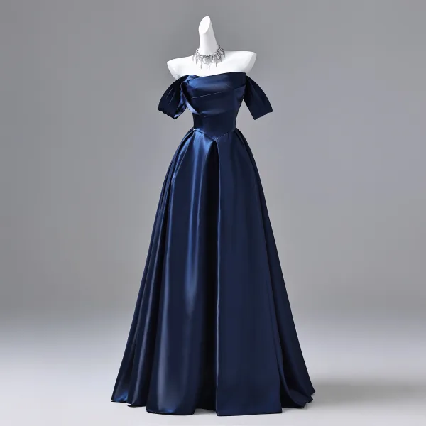 Vintage / Retro Navy Blue Satin Prom Dresses 2026 Ball Gown Off-The-Shoulder Short Sleeve Backless Floor-Length / Long Formal Dresses