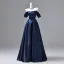 Vintage / Retro Navy Blue Satin Prom Dresses 2026 Ball Gown Off-The-Shoulder Short Sleeve Backless Floor-Length / Long Formal Dresses