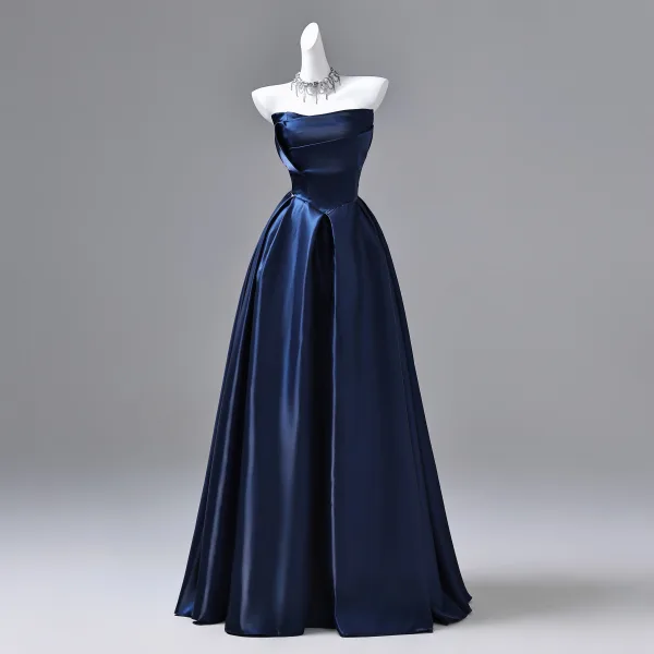 Vintage / Retro Navy Blue Satin Prom Dresses 2026 Ball Gown Off-The-Shoulder Short Sleeve Backless Floor-Length / Long Formal Dresses