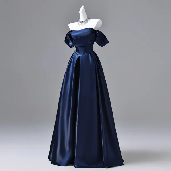 Vintage / Retro Navy Blue Satin Prom Dresses 2026 Ball Gown Off-The-Shoulder Short Sleeve Backless Floor-Length / Long Formal Dresses