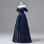 Vintage / Retro Navy Blue Satin Prom Dresses 2026 Ball Gown Off-The-Shoulder Short Sleeve Backless Floor-Length / Long Formal Dresses