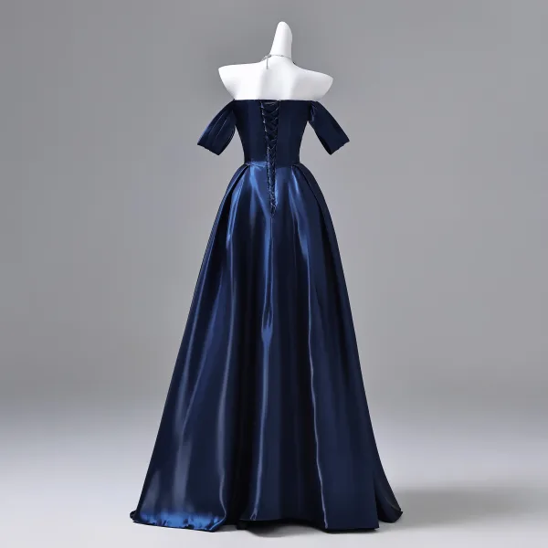 Vintage / Retro Navy Blue Satin Prom Dresses 2026 Ball Gown Off-The-Shoulder Short Sleeve Backless Floor-Length / Long Formal Dresses