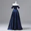 Vintage / Retro Navy Blue Satin Prom Dresses 2026 Ball Gown Off-The-Shoulder Short Sleeve Backless Floor-Length / Long Formal Dresses