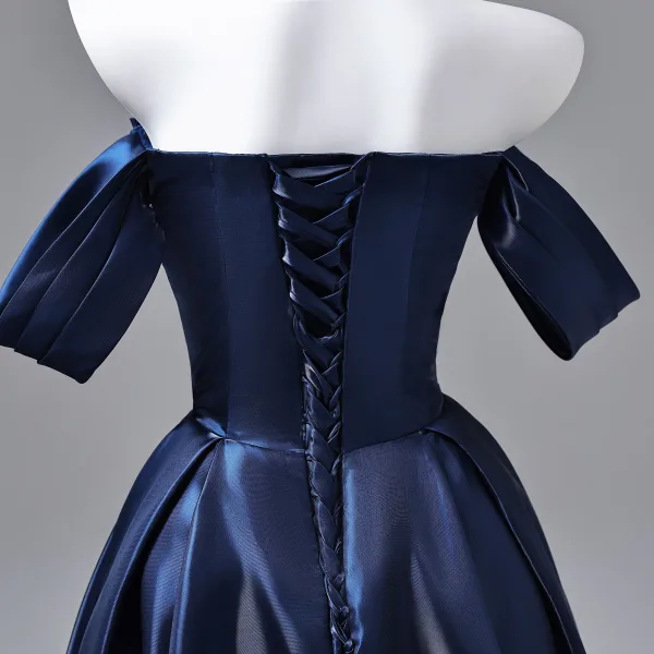Vintage / Retro Navy Blue Satin Prom Dresses 2026 Ball Gown Off-The-Shoulder Short Sleeve Backless Floor-Length / Long Formal Dresses