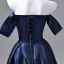 Vintage / Retro Navy Blue Satin Prom Dresses 2026 Ball Gown Off-The-Shoulder Short Sleeve Backless Floor-Length / Long Formal Dresses