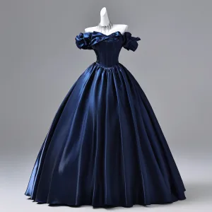 Vintage Retro Navy Blue Satin Prom Dresses 2026 Ball Gown Ruffle Off The Shoulder Short Sleeve Backless Floor Length Long Formal Dresses