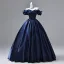 Vintage / Retro Navy Blue Satin Prom Dresses 2026 Ball Gown Ruffle Off-The-Shoulder Short Sleeve Backless Floor-Length / Long Formal Dresses