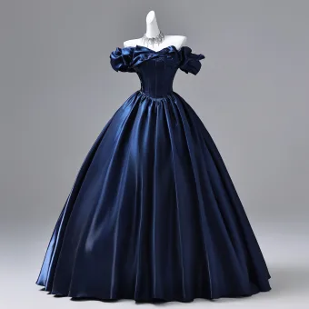 Vintage Retro Navy Blue Satin Prom Dresses 2026 Ball Gown Ruffle Off The Shoulder Short Sleeve Backless Floor Length Long Formal Dresses