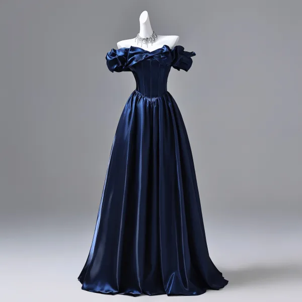 Vintage / Retro Navy Blue Satin Prom Dresses 2026 Ball Gown Ruffle Off-The-Shoulder Short Sleeve Backless Floor-Length / Long Formal Dresses