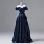 Vintage / Retro Navy Blue Satin Prom Dresses 2026 Ball Gown Ruffle Off-The-Shoulder Short Sleeve Backless Floor-Length / Long Formal Dresses