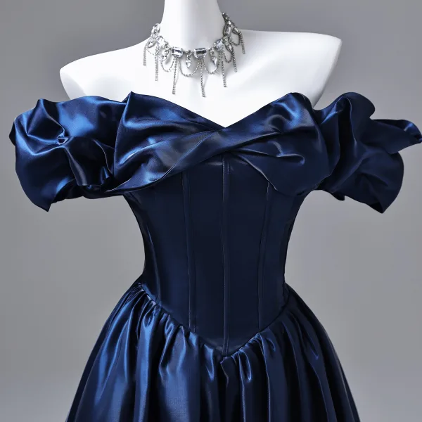 Vintage / Retro Navy Blue Satin Prom Dresses 2026 Ball Gown Ruffle Off-The-Shoulder Short Sleeve Backless Floor-Length / Long Formal Dresses