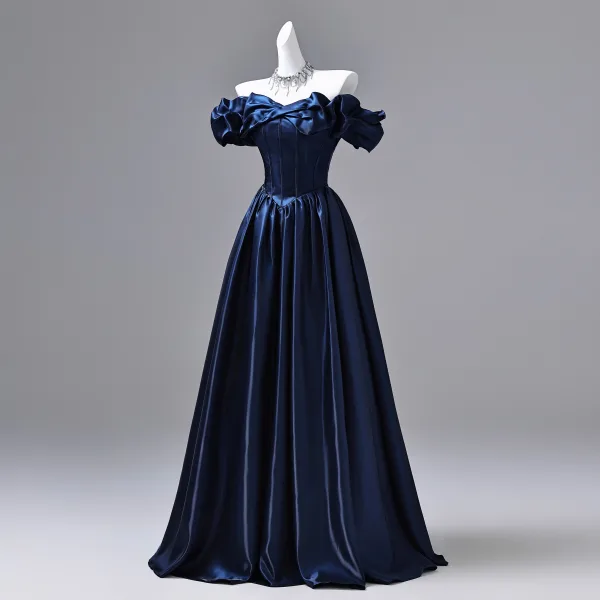 Vintage / Retro Navy Blue Satin Prom Dresses 2026 Ball Gown Ruffle Off-The-Shoulder Short Sleeve Backless Floor-Length / Long Formal Dresses