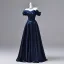 Vintage / Retro Navy Blue Satin Prom Dresses 2026 Ball Gown Ruffle Off-The-Shoulder Short Sleeve Backless Floor-Length / Long Formal Dresses