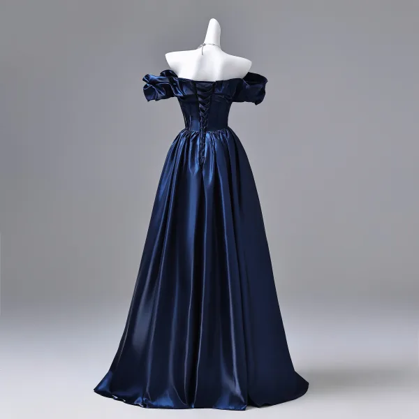 Vintage / Retro Navy Blue Satin Prom Dresses 2026 Ball Gown Ruffle Off-The-Shoulder Short Sleeve Backless Floor-Length / Long Formal Dresses