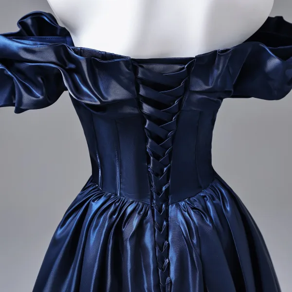 Vintage / Retro Navy Blue Satin Prom Dresses 2026 Ball Gown Ruffle Off-The-Shoulder Short Sleeve Backless Floor-Length / Long Formal Dresses