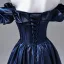 Vintage / Retro Navy Blue Satin Prom Dresses 2026 Ball Gown Ruffle Off-The-Shoulder Short Sleeve Backless Floor-Length / Long Formal Dresses