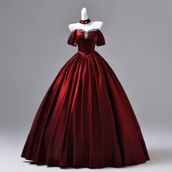 Élégant Bordeaux Perlage Faux Diamant Satin Robe De Bal 2026 Robe Boule De L Épaule Manches Courtes Dos Nu Longue Robe De Ceremonie